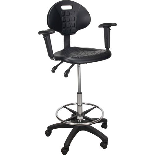 Tabouret ergonomique robuste avec accoudoirs r&eacute;glables et roulettes en nylon, Mobile, Ajustable, 39" - 48", Polyur&eacute;thane Si&egrave;ge, Noir NTL Industrial