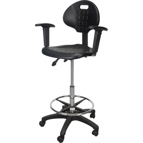 Tabouret ergonomique robuste avec accoudoirs r&eacute;glables et roulettes en nylon, Mobile, Ajustable, 39" - 48", Polyur&eacute;thane Si&egrave;ge, Noir NTL Industrial