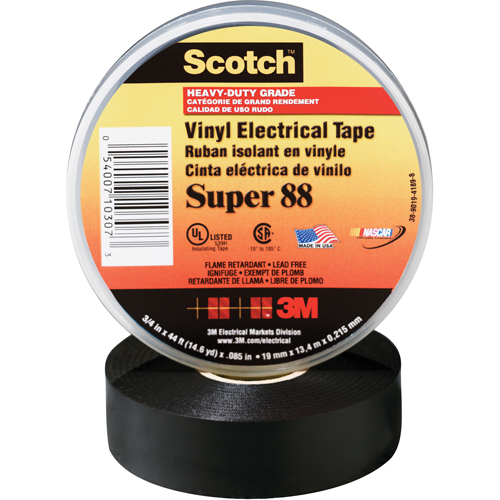 Scotch&reg; Super 88 Tape, 19 mm (3/4") x 20.1 m (66'), Black, 8.5 mils NTL Industrial