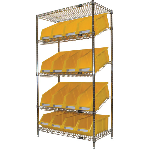 Slanted Wire Shelf with Bins, 5 Tiers, 36" W x 63" H x 18" D NTL Industrial