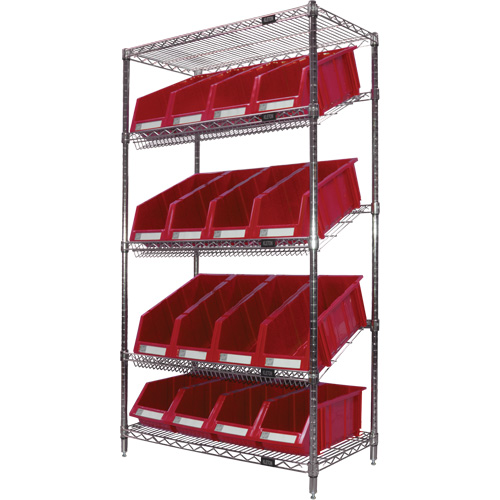 Slanted Wire Shelf with Bins, 5 Tiers, 36" W x 63" H x 18" D NTL Industrial