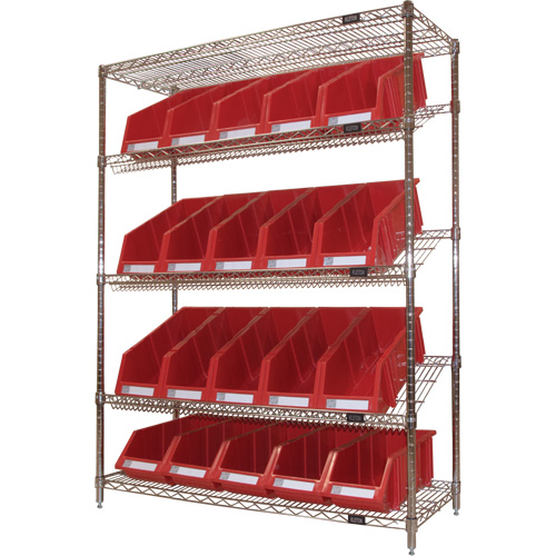 Slanted Wire Shelf with Bins, 5 Tiers, 48" W x 63" H x 18" D NTL Industrial