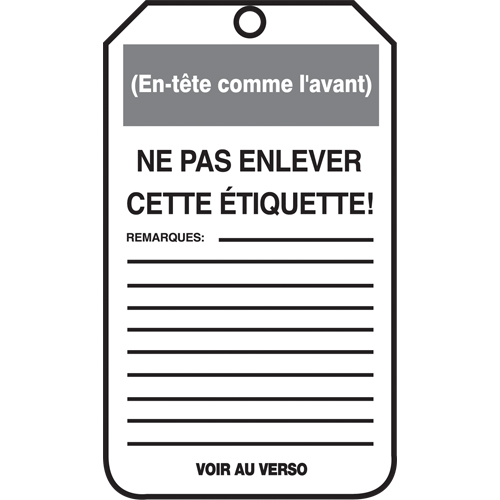 &eacute;tiquettes de verrouillage, Papier cartonn&eacute;, 3-1/8" la x 5-7/8" h, Français NTL Industrial