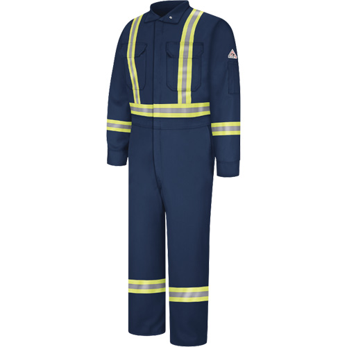 Flame-Resistant Coveralls with Reflective Trim, Size 38, Navy Blue, 12.2 cal/cm² NTL Industrial