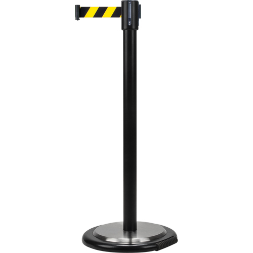 Barri&egrave;res sur pieds pour le contr&ocirc;le des foules, Acier, 35" h, Ruban Noir/Jaune, Longueur du ruban 7' NTL Industrial