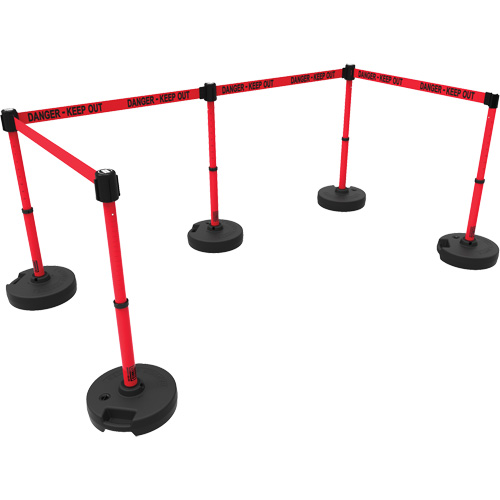 PLUS Barrier Post Set X5, Plastic, 42" H, Red Tape, 15' Tape Length NTL Industrial