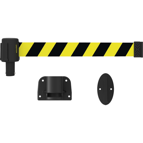 PLUS Wall Mount Barrier System, Plastic, Screw Mount, 15', Black and Yellow Tape NTL Industrial