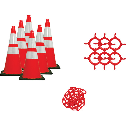 Ensemble de c&ocirc;nes de signalisation et chaînes, 36", Orange, Bande(s) r&eacute;fl&eacute;chissante(s) 4" & 6" NTL Industrial