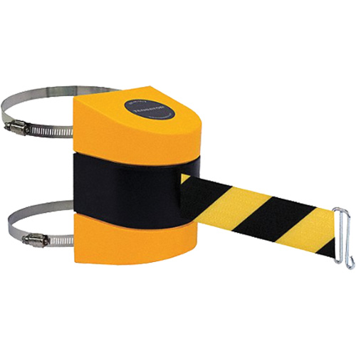 Tensabarrier&reg; Barrier Post Mount with Belt, Plastic, Clamp Mount, 24', Black and Yellow Tape NTL Industrial