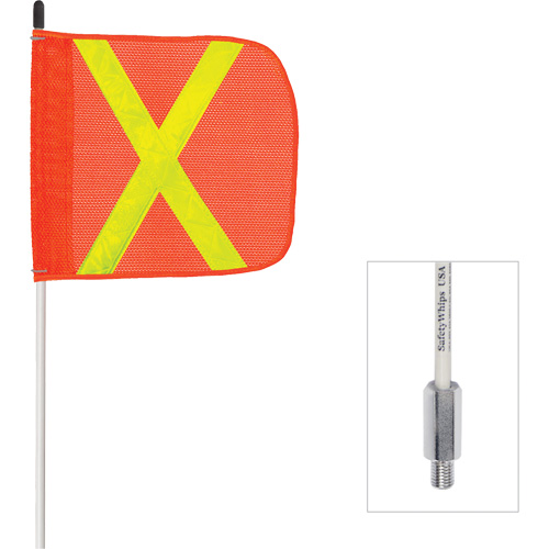 Fanion &agrave; tige en fibre de verre non aliment&eacute; Safety Whip, Fixation Filet&eacute;, Hauteur 6', Orange avec X r&eacute;fl&eacute;chissant NTL Industrial