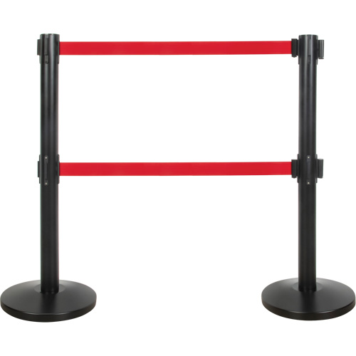 Barri&egrave;re pour le contr&ocirc;le des foules &agrave; courroie double, Acier, 35" h, Ruban Rouge, Longueur du ruban 7' NTL Industrial