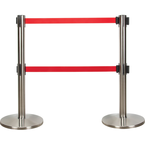 Dual Belt Crowd Control Barrier, Steel, 35" H, Red Tape, 7' Tape Length NTL Industrial