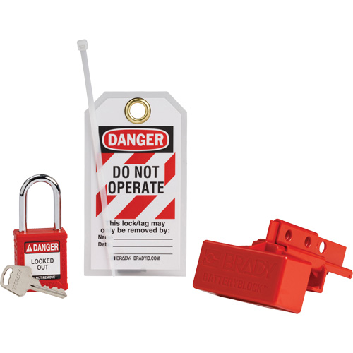 Dispositif de cadenassage pour connecteurs dalimentation de chariot &eacute;l&eacute;vateur BatteryBlock avec cadenas de s&eacute;curit&eacute; en nylon, Ensemble &eacute;lectrique, 3 composants compris NTL Industrial