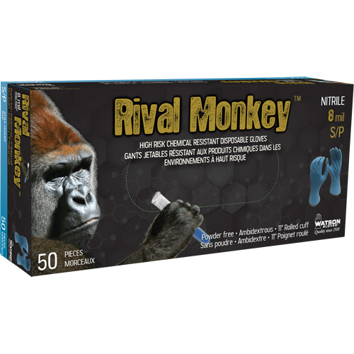Gants jetables r&eacute;sistants aux produits chimiques &agrave; haut risque Rival Monkey, Moyen, Nitrile, 8 mils, Sans poudre, Bleu NTL Industrial