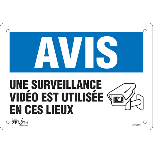 "Surveillance vid&eacute;o" Sign, 7" x 10", Plastic, French with Pictogram NTL Industrial