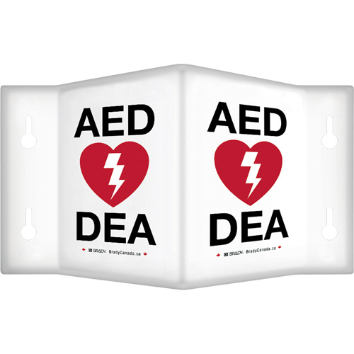 90° Projecting "AED/DEA" Sign, 9" x 6", Plastic, Bilingual with Pictogram NTL Industrial