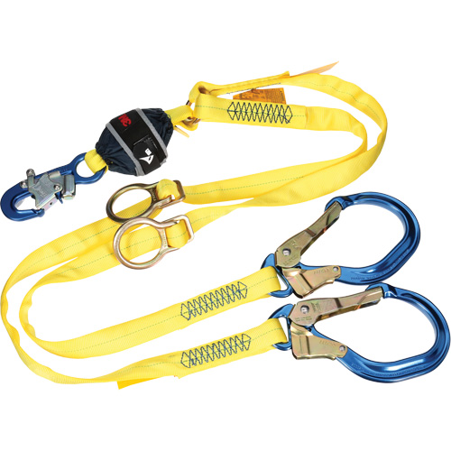 Twin-Leg Tie-Back Web Shock-Absorbing Lanyard, 6', Rebar Hook Center, Snap Hook Leg Ends, Polyester NTL Industrial