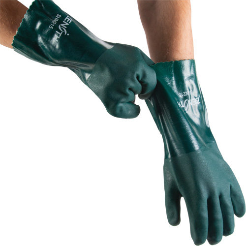 Double Dipped Green Gloves, 14" L, PVC, Cotton Jersey Inner Lining, 70-mil NTL Industrial