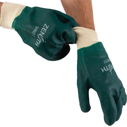 Double Dipped Green Gloves, 10" L, PVC, Cotton Jersey Inner Lining, 70-mil NTL Industrial