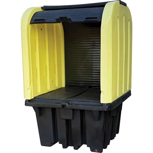 Yellow Roll Top Hardcover Spill Pallet with Drain, 65" L x 65" W x 101" H, 5000 lbs. Load Capacity NTL Industrial