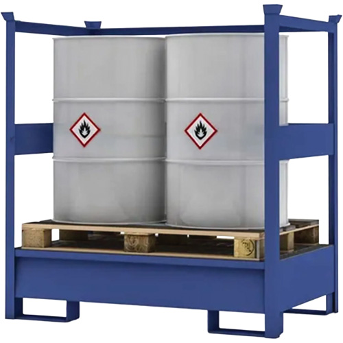 Palette de confinement de d&eacute;versement de transport bleu pour 2 barils avec rails lat&eacute;raux, Capacit&eacute; de d&eacute;versement 66 gal. US, 55" x 34" x 58" NTL Industrial