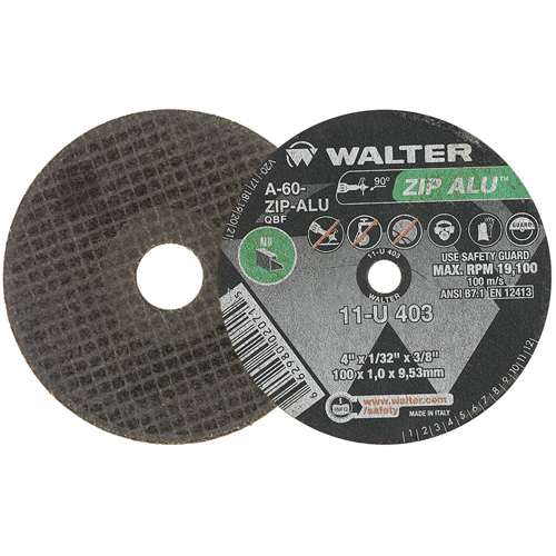 ZIP ALU Cutting Wheel, 4" x 1/32", 3/8" Arbor, Type 1, Aluminum Oxide, 19100 RPM NTL Industrial