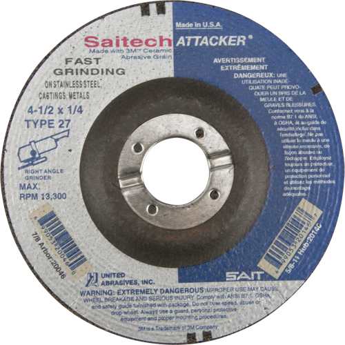 Saitech Attacker&reg; Fast Grinding Wheel, 4-1/2" x 1/4", 7/8" Arbor, Aluminum Oxide/Ceramic, Type 27 NTL Industrial