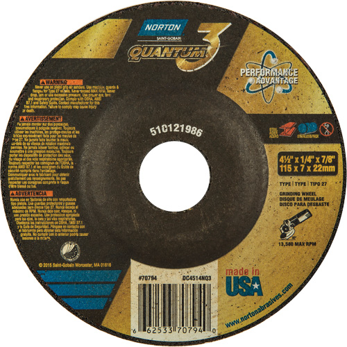 Quantum3 Grinding Wheel, 4-1/2" x 1/4", 7/8" Arbor, Ceramic Alumina, Type 27 NTL Industrial