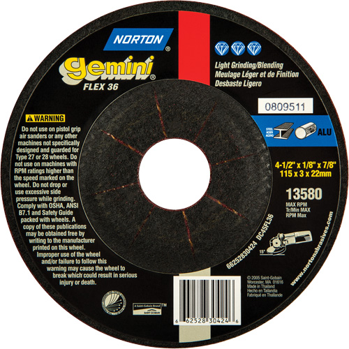 Gemini&reg; Flexible Mini Disc Depressed Centre Wheel, 4-1/2" x 1/8", 7/8" Arbor, Aluminum Oxide, Type 27 NTL Industrial