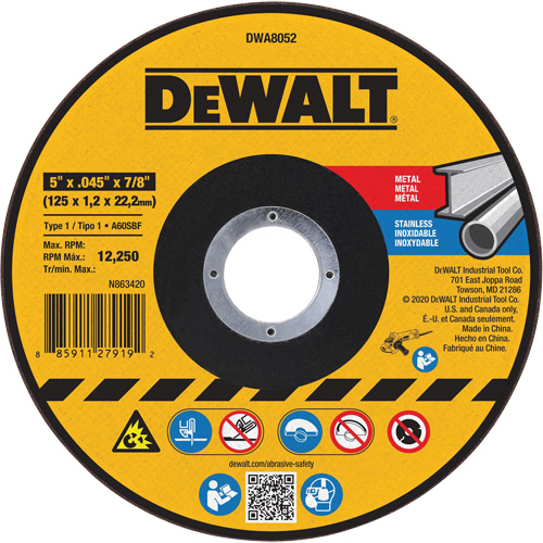 Metal Cut-Off Wheel, 5" x 0.045", 7/8" Arbor, Aluminum Oxide, Type 1 NTL Industrial