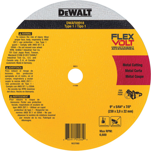 Meule de tronçonnage des m&eacute;taux FlexVolt, 9-1/16" x 0,078", Arbre 22,23 mm, C&eacute;ramique, Type 1 NTL Industrial