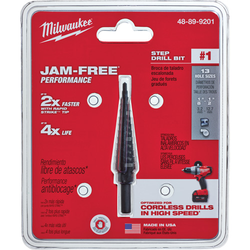 #1 Step Drill Bit, 1/8" - 1/2" , 1/32" Increments, High Speed Steel NTL Industrial