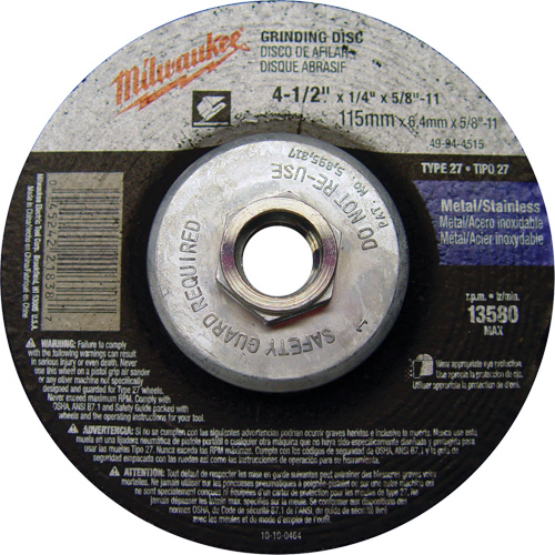 Grinding Wheel, 4-1/2" x 1/4", 5/8"-11 Arbor, Aluminum Oxide, Type 27 NTL Industrial