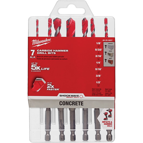 Large Shockwave Hammer Drill Bit Kit, 7 Pieces, Carbide NTL Industrial