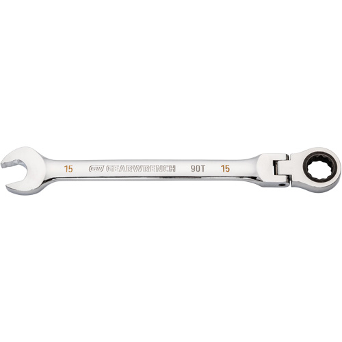 90-Tooth Flex Head Ratcheting Combination Wrench, 12 Point, 15 mm, Chrome Finish NTL Industrial