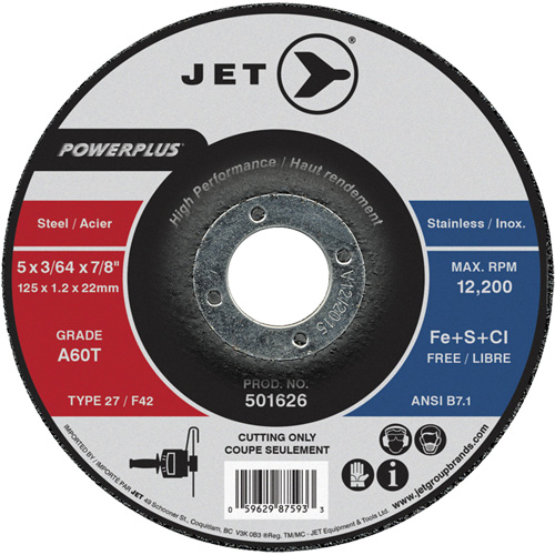 A60T PowerPlus Cut-Off Wheel, 5" x 3/64", 7/8" Arbor, Type 27, 12200 RPM NTL Industrial