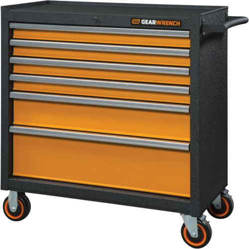 GSX Series Rolling Tool Cabinet, 6 Drawers, 36" W x 18-1/5" D x 37-2/5" H, Black/Orange NTL Industrial