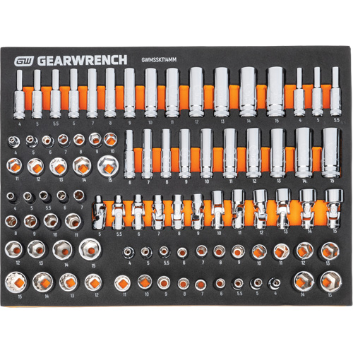 Jeu d'outils m&eacute;triques pour m&eacute;canicien MEGAMOD dans des plateaux en mousse modulaire avec armoire roulante &agrave; outils, 358 morcea NTL Industrial