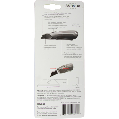 Couteau de s&eacute;curit&eacute; r&eacute;tractable , Acier inoxydable, Robuste, Prise en Plastique/Aluminium NTL Industrial