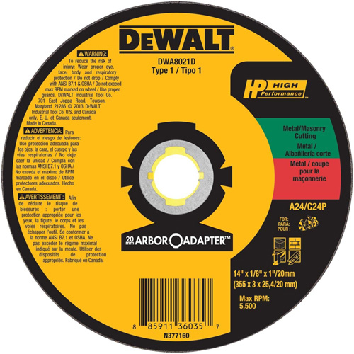 High Performance Cutting Wheel for Circular Saws, 14" x 1/8" Arbor, Aluminum Oxide NTL Industrial
