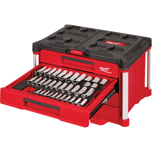 Ensemble de 242 pi&egrave;ces de douilles et cliquets m&eacute;triques et SAE 1/4", 3/8" et 1/2" avec boîte &agrave; outils PACKOUT &agrave; 4 tiroirs, 16-3/10" x 22-1/5" x 14-3/10", Noir/Rouge NTL Industrial