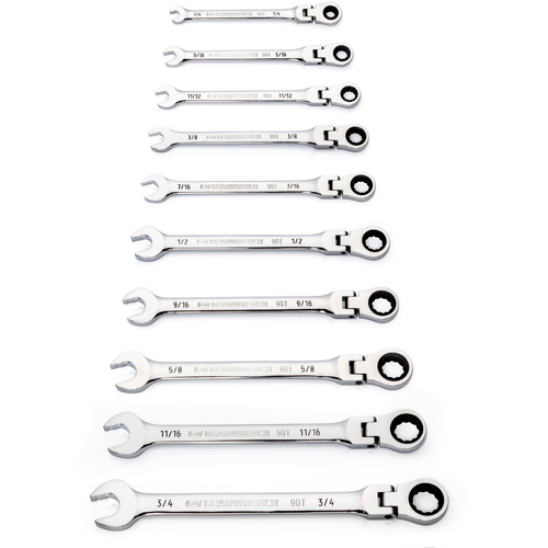 Jeu de cl&eacute;s SAE &agrave; 12 pans et 90 dents, T&ecirc;te articul&eacute;e/Combinaison &agrave; cliquet, 10 morceaux, Imp&eacute;rial NTL Industrial