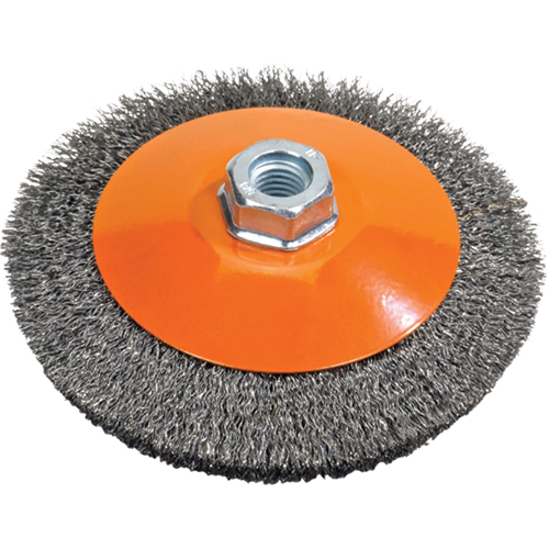 Brosse soucoupe &agrave; fils nou&eacute;s torsad&eacute;s, Dia. 5", Fils 0,02", Arbre 5/8"-11, Acier NTL Industrial