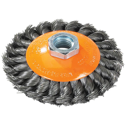 Knot-Twisted Saucer Cup Wire Wheel, 7" Dia., 0.02" Fill, 5/8"-11 Arbor, Steel NTL Industrial