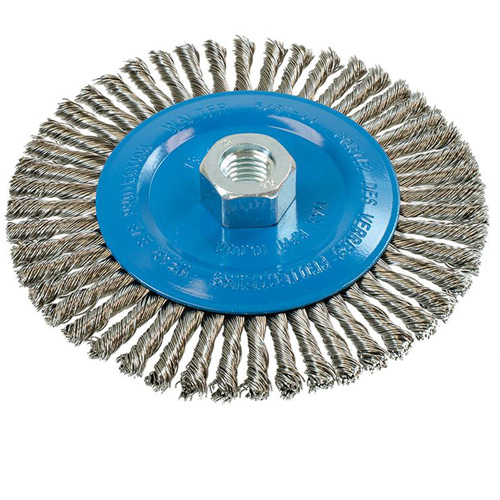 Brosse &agrave; fils &eacute;troits nou&eacute;s et torsad&eacute;s, Dia. 6", Fils 0,02", Arbre 5/8"-11, Aluminium/Acier inoxydable NTL Industrial