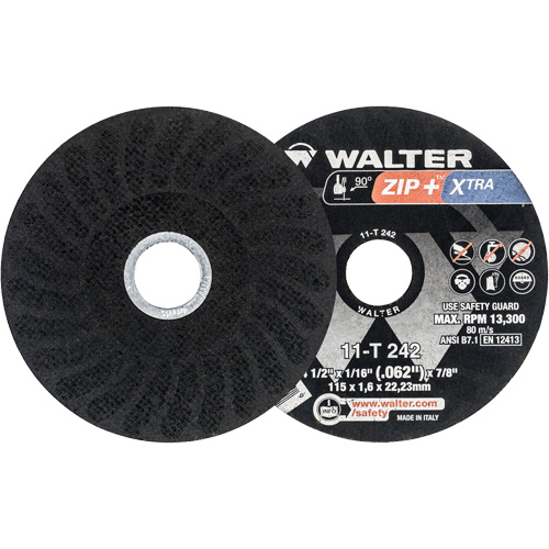 Meules &agrave; tronçonner renforc&eacute;es Zip+ pour meuleuse &agrave; angle droit, 4-1/2" x 1/16", Arbre de 7/8", Type 1, Alumine de zirconium, 13 300 Tr/min NTL Industrial