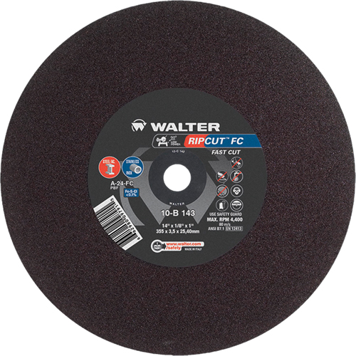 Meule &agrave; tronçonner Ripcut II pour la coupe de l'acier inoxydable et l'acier sur scies fixes, 14" x 1/8", Arbre de 1", Type 1, Oxyde d'aluminium, 4400 Tr/min NTL Industrial