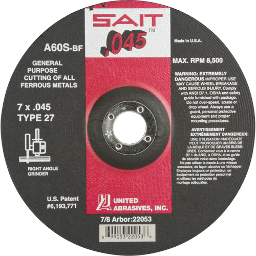 Depressed Center Cut-Off Wheel, 7" x 0.045", 7/8" Arbor, Type 27, Aluminum Oxide, 8500 RPM NTL Industrial