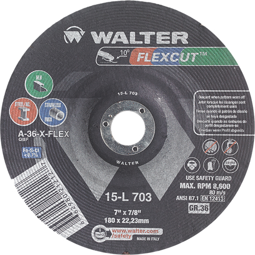 Flexcut Depressed Centre Grinding Wheels, 7", 36 Grit, Aluminum Oxide, 7/8", 8600 RPM, Type 29 NTL Industrial