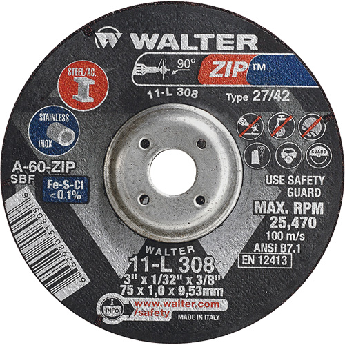 Zip Cutting and Grinding Wheel, 3" x 1/13", 3/8" Arbor, Type 27, 60 Grit, Aluminum Oxide NTL Industrial